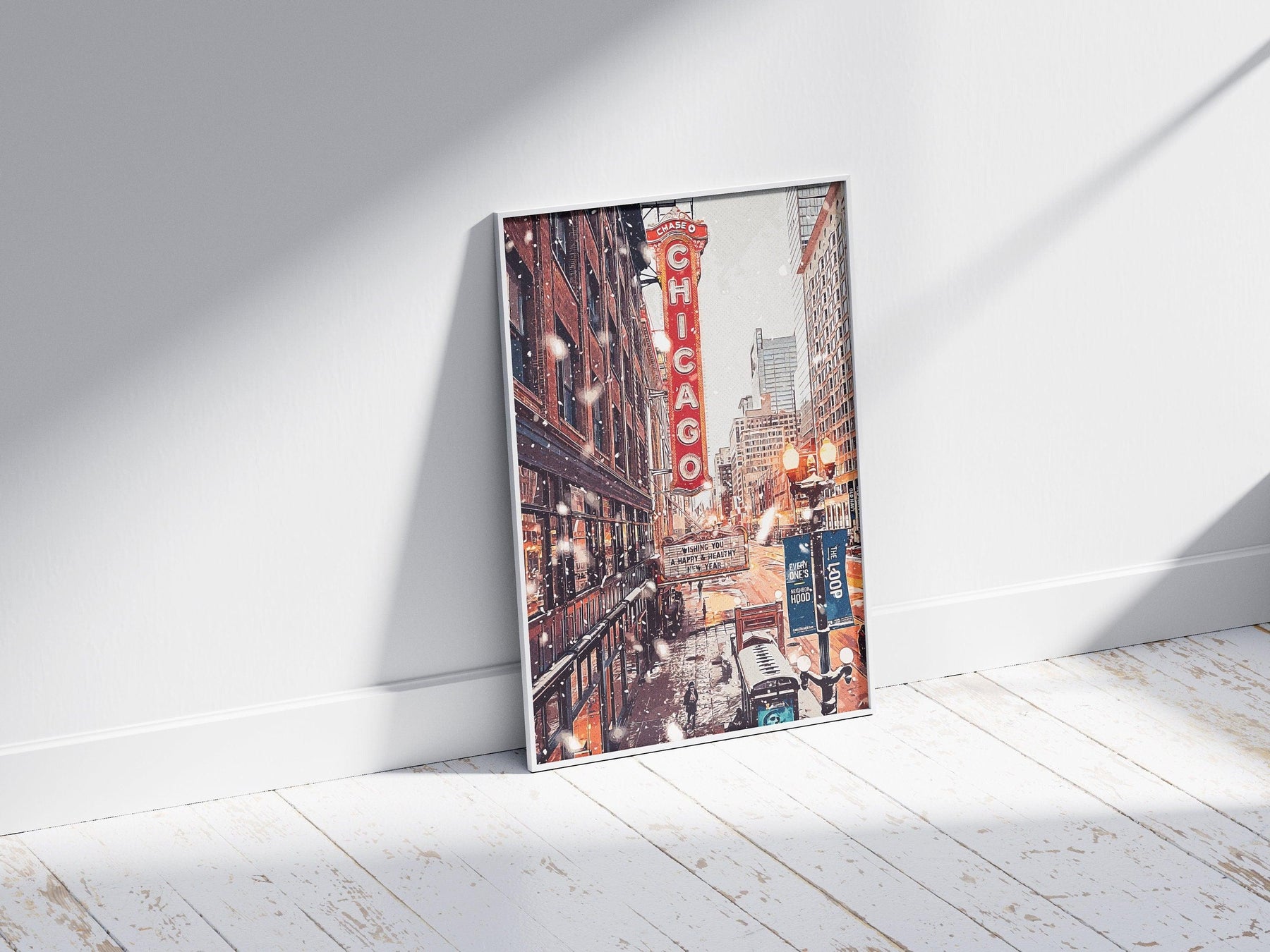 Chicago Poster, Christmas Winter Light Print, Theater Sign, Illinois State Gift, Snowflake Photo, New Year Light, United States Poster