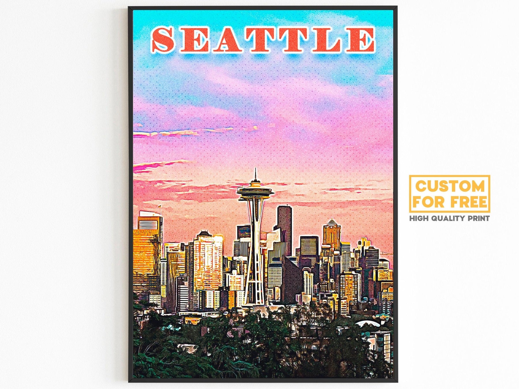 Seattle Poster • Printable Wall Art For World Traveller • Pink Orange Colorful • Retro Vibrant Print • USA Travel Gift • Digital Download