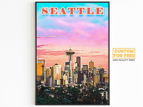 Seattle Poster • Printable Wall Art For World Traveller • Pink Orange Colorful • Retro Vibrant Print • USA Travel Gift • Digital Download