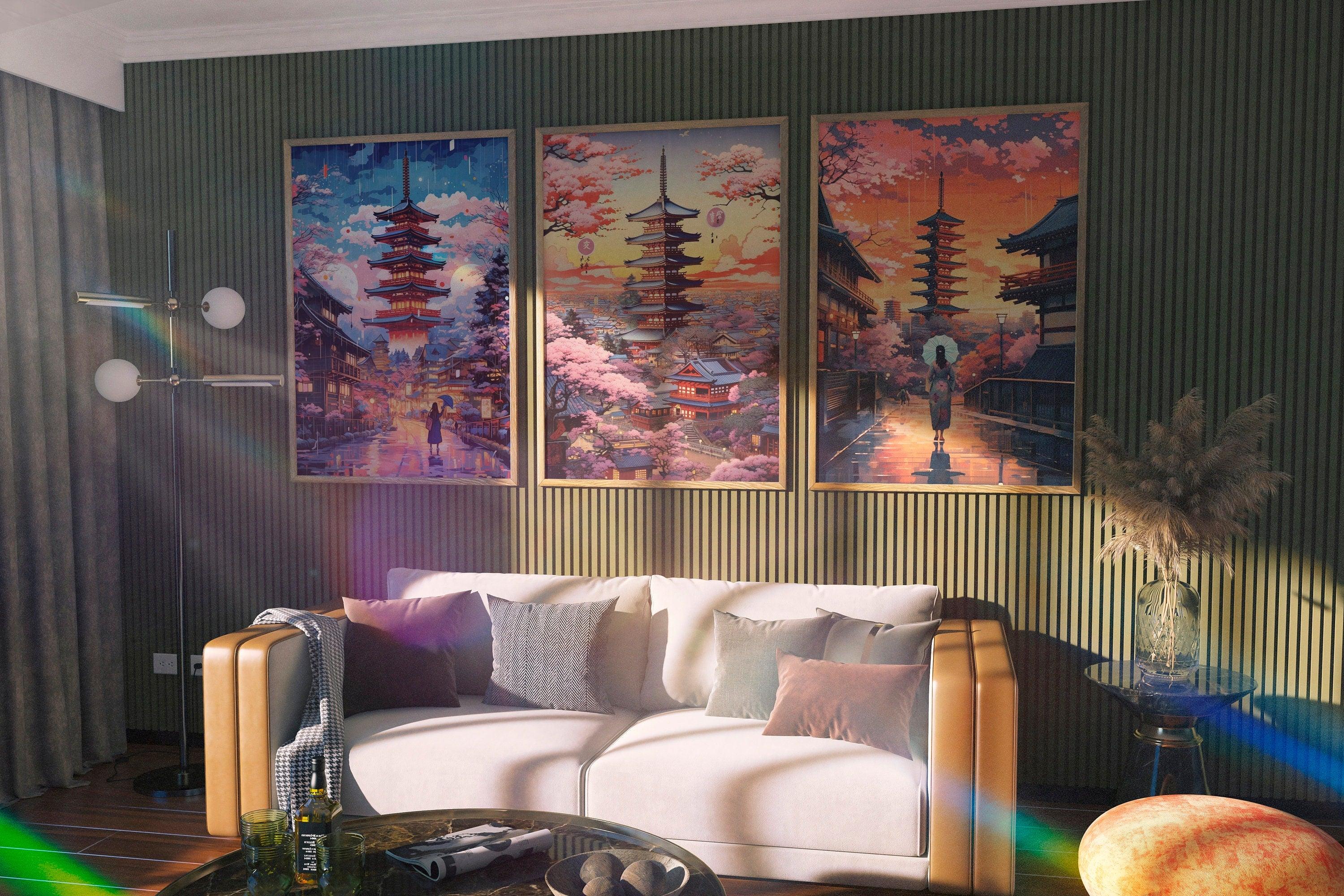 Kyoto Posters, Pink Cherry Blossom Print, 3 Piece Printable Wall Art, Set Of 3 Travel Poster, Japanese Colorful Set, Aesthetic Retro Poster