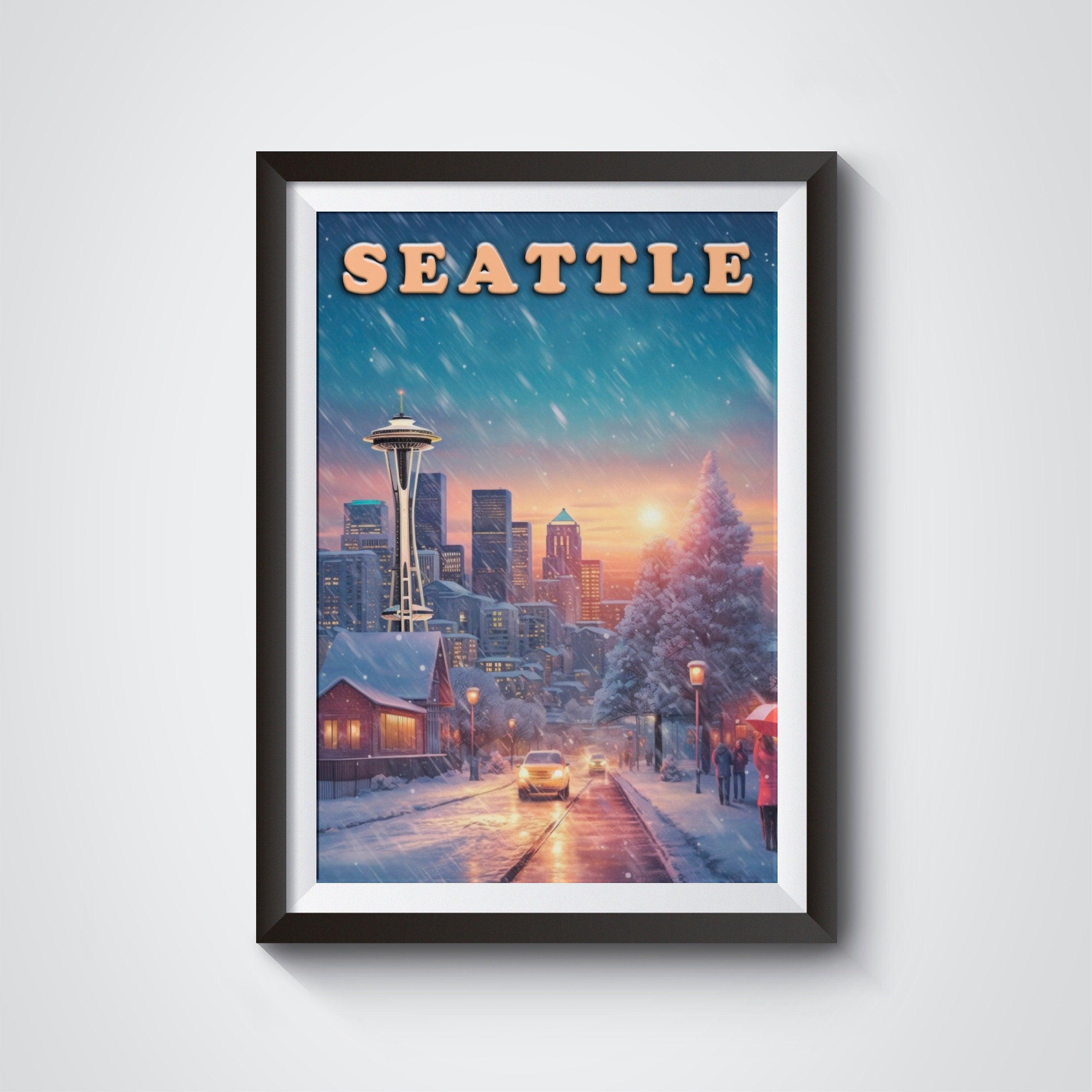 Seattle Vintage Poster, Sunset Light, Winter Nostalgic Art, Travel Poster Gift For Christmas, Washington Colorful, Decor For World Traveler