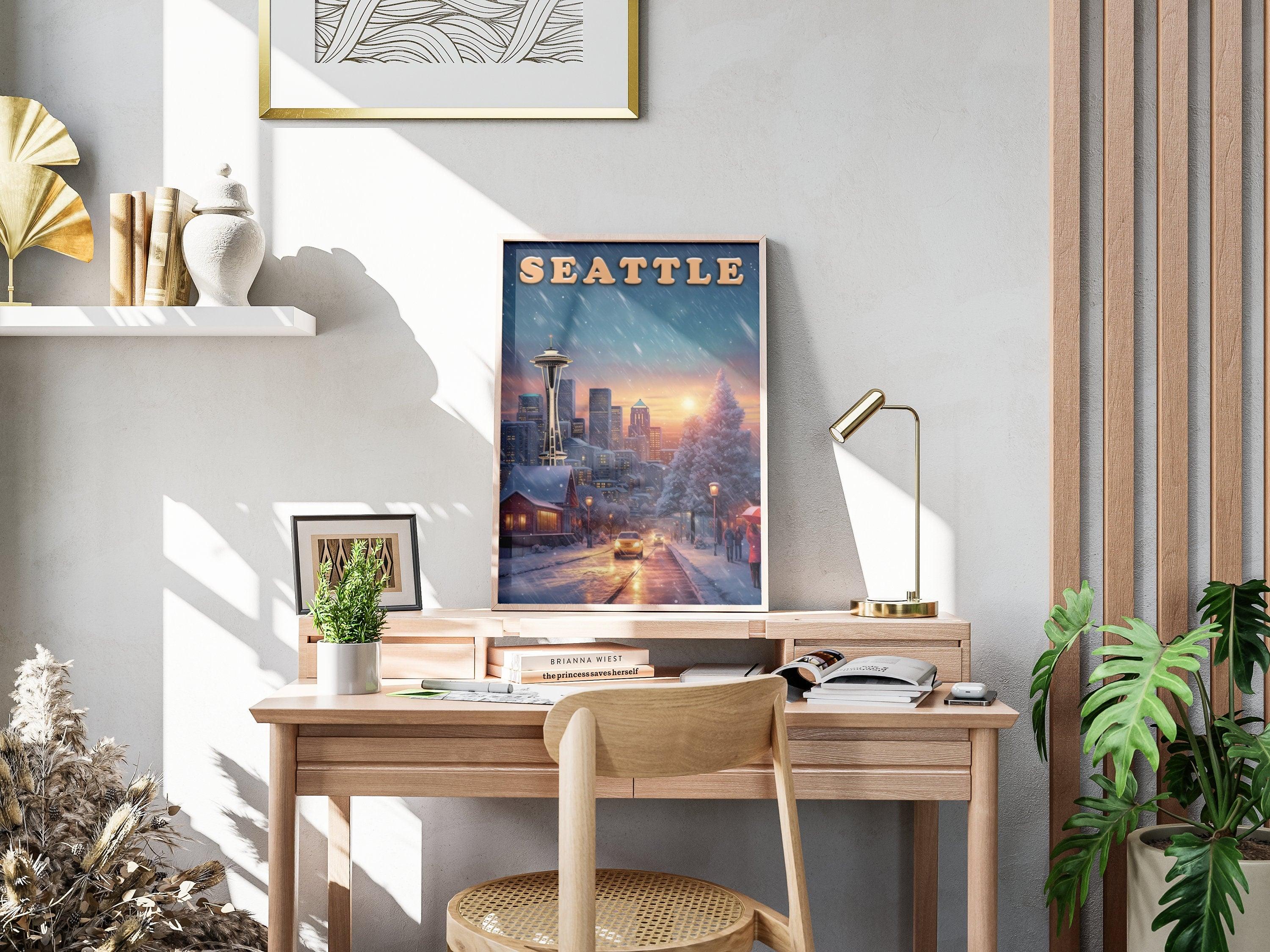 Seattle Vintage Poster, Sunset Light, Winter Nostalgic Art, Travel Poster Gift For Christmas, Washington Colorful, Decor For World Traveler