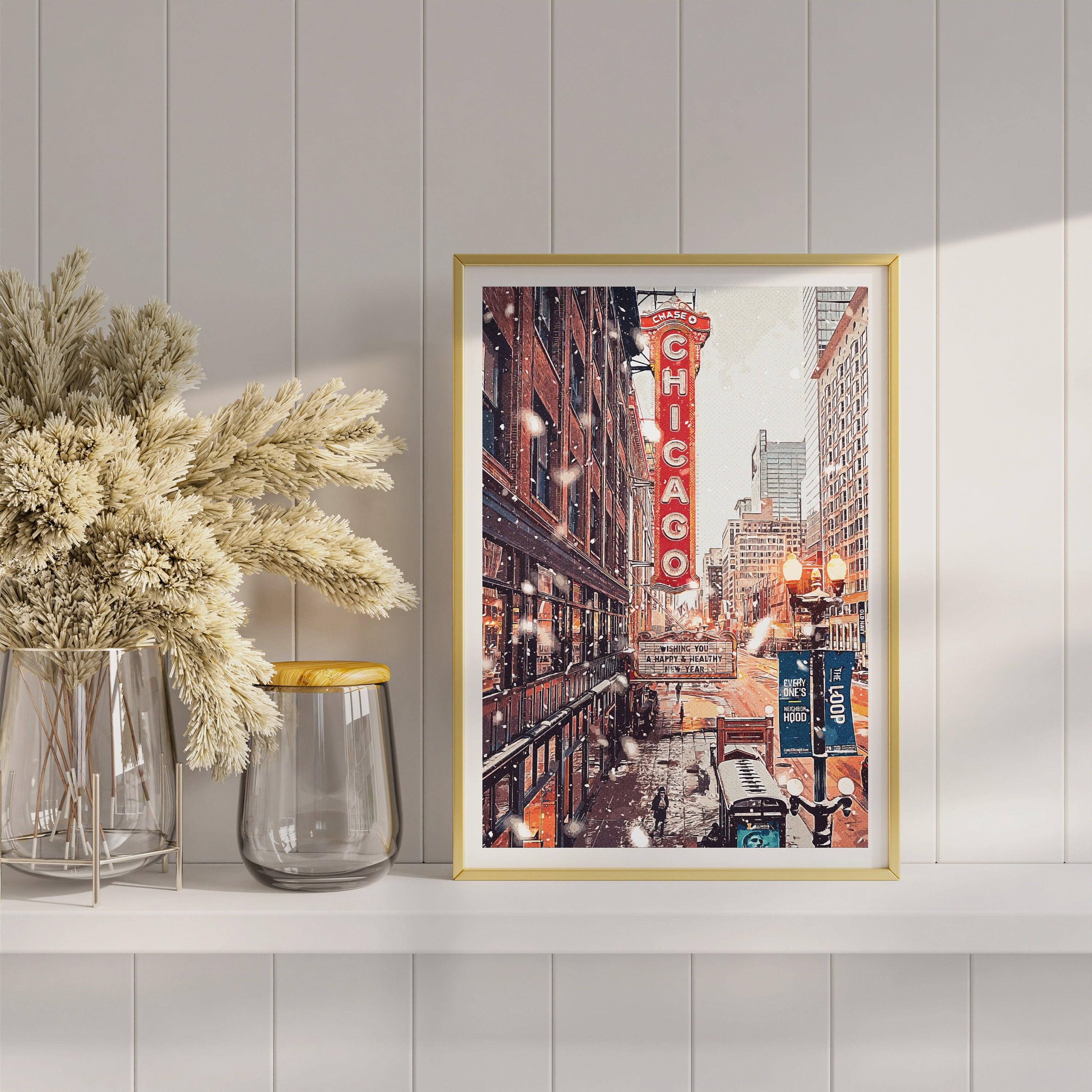 Chicago Poster, Christmas Winter Light Print, Theater Sign, Illinois State Gift, Snowflake Photo, New Year Light, United States Poster