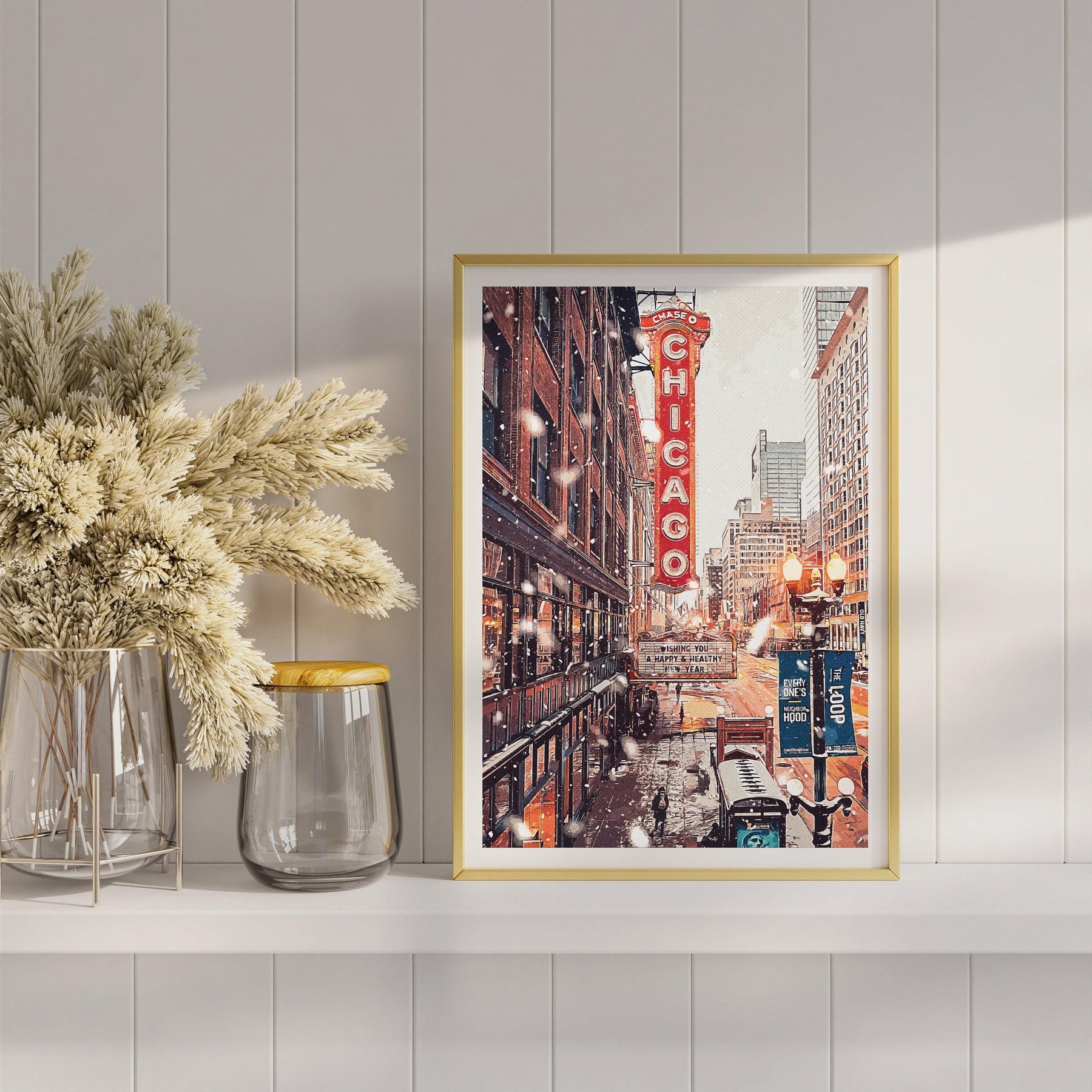 Chicago Poster, Christmas Winter Light Print, Theater Sign, Illinois State Gift, Snowflake Photo, New Year Light, United States Poster
