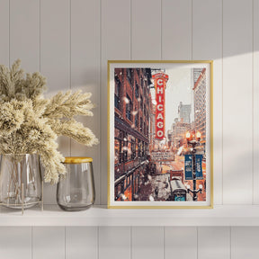 Chicago Poster, Christmas Winter Light Print, Theater Sign, Illinois State Gift, Snowflake Photo, New Year Light, United States Poster
