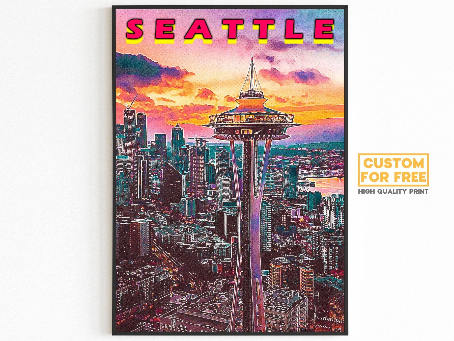 Seattle Poster, Vaporwave Sunset Clouds, Retro Vibrant Poster, Washington Colorful, Printable Wall Art For World Traveller