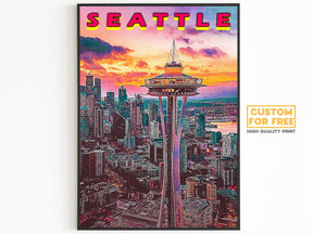 Seattle Poster, Vaporwave Sunset Clouds, Retro Vibrant Poster, Washington Colorful, Printable Wall Art For World Traveller
