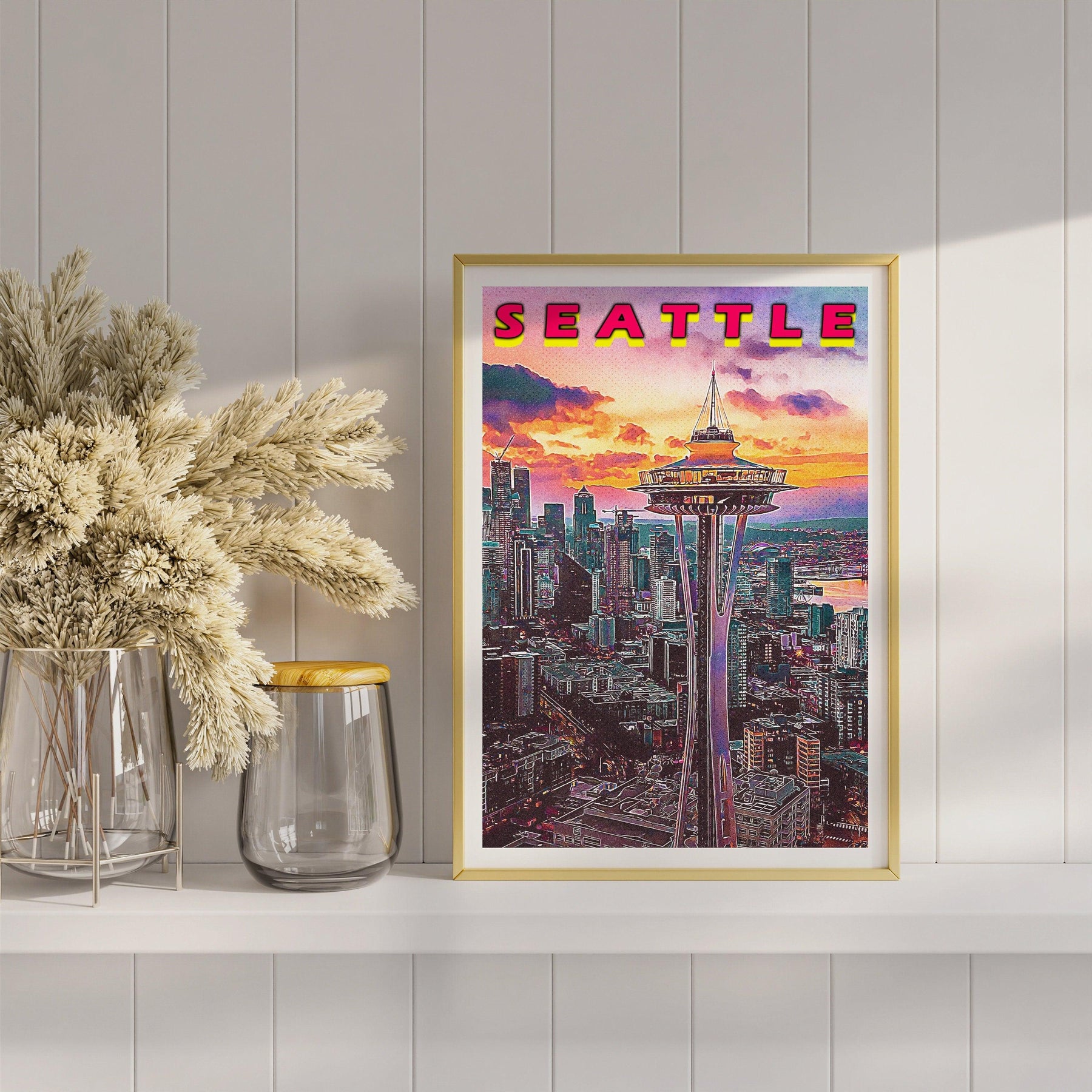 Seattle Poster, Vaporwave Sunset Clouds, Retro Vibrant Poster, Washington Colorful, Printable Wall Art For World Traveller