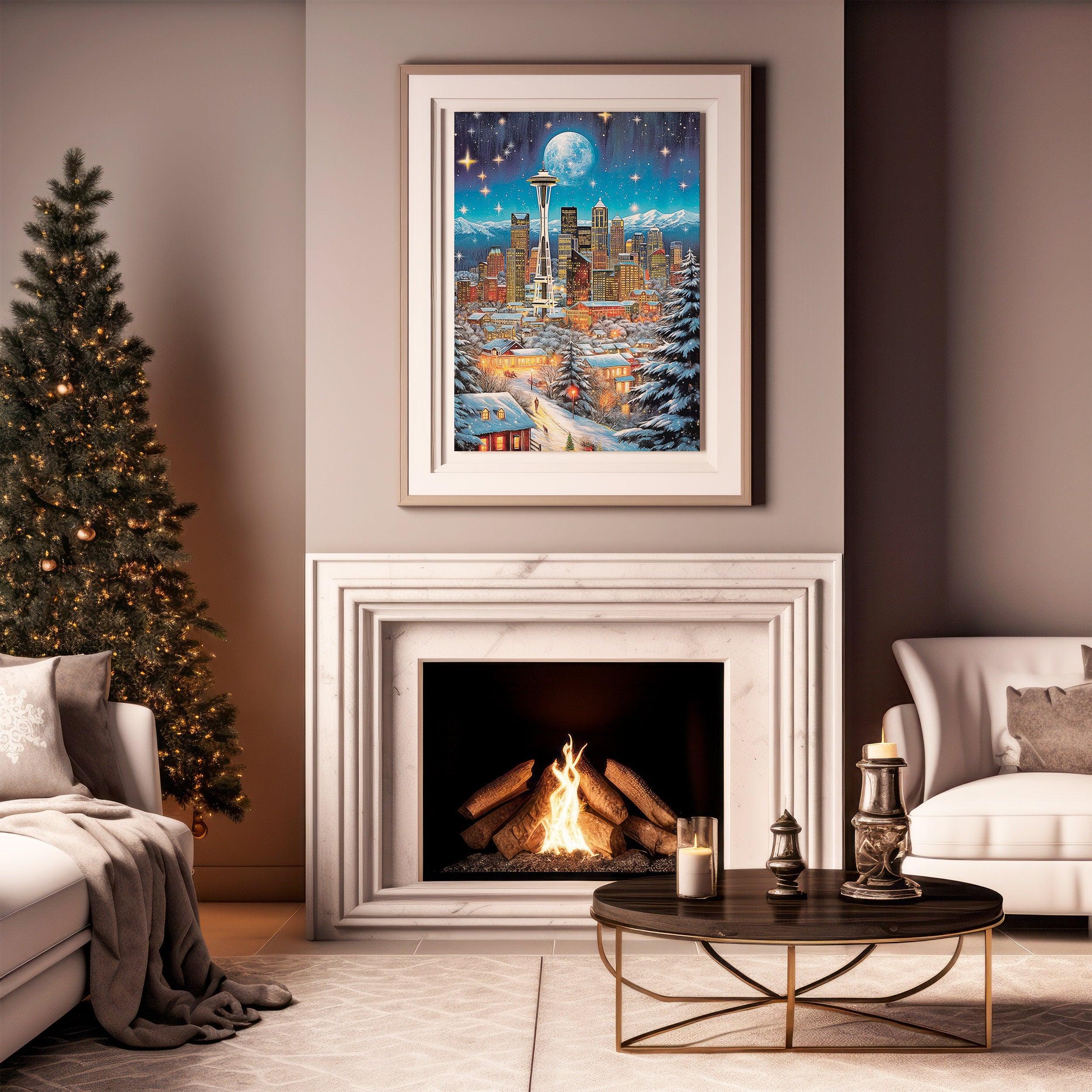 Vintage Christmas Washington Poster, Seattle Night, Nostalgic Winter Art, Travel Poster Gift for Christmas, Full Moon, Starry Sky