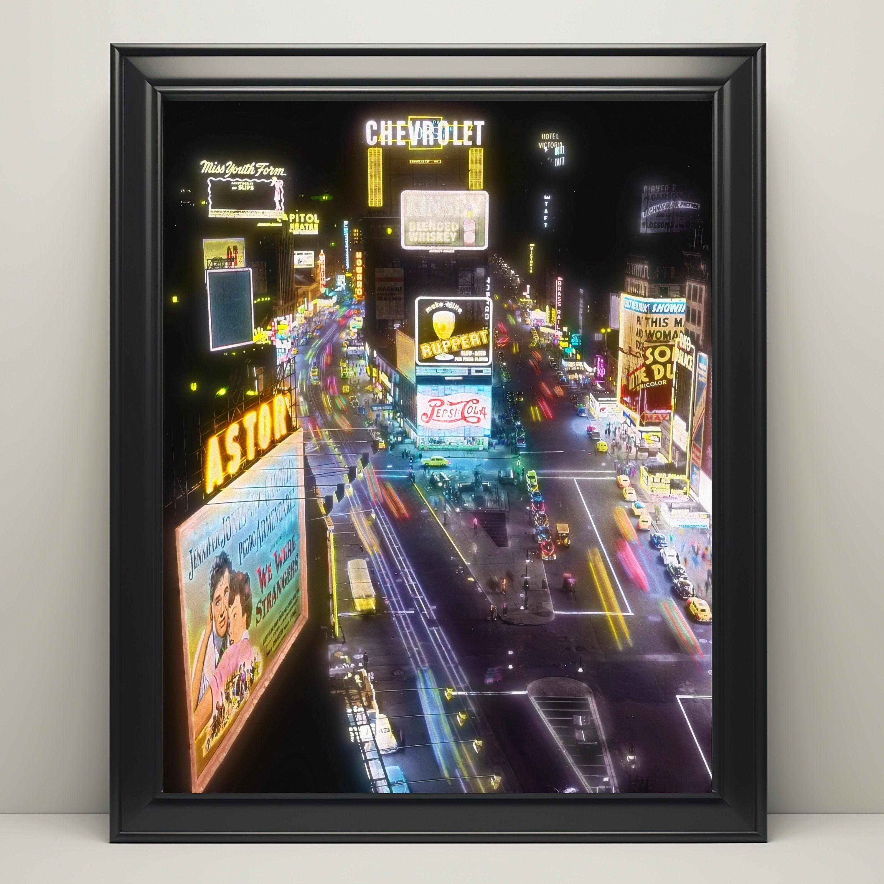 New York Vintage Print, Trendy Bar Decor, 1950s Photo Restoration, Oil Painting Poster, Colorful City Lights, Aesthetic Neon
