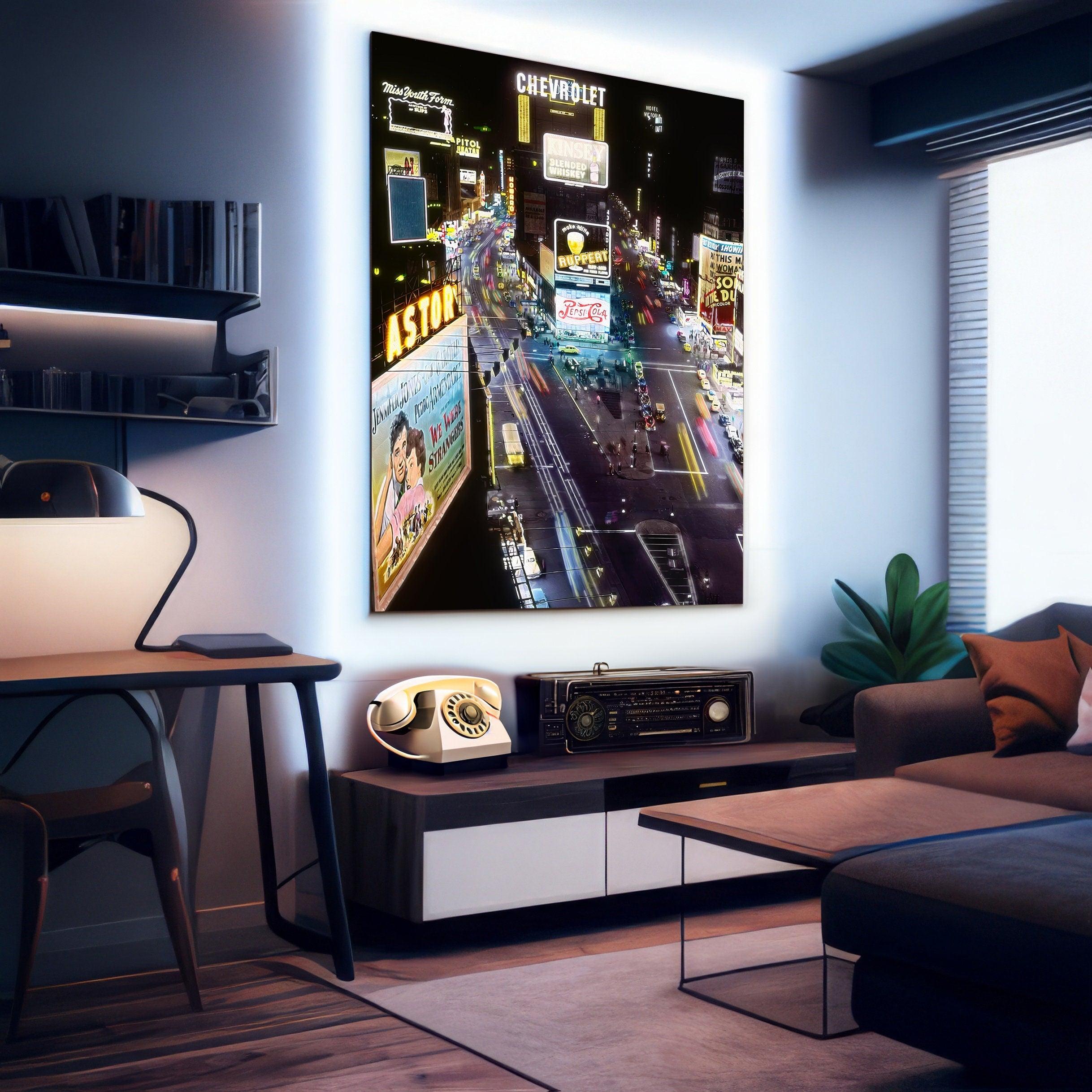 New York Vintage Print, Trendy Bar Decor, 1950s Photo Restoration, Oil Painting Poster, Colorful City Lights, Aesthetic Neon