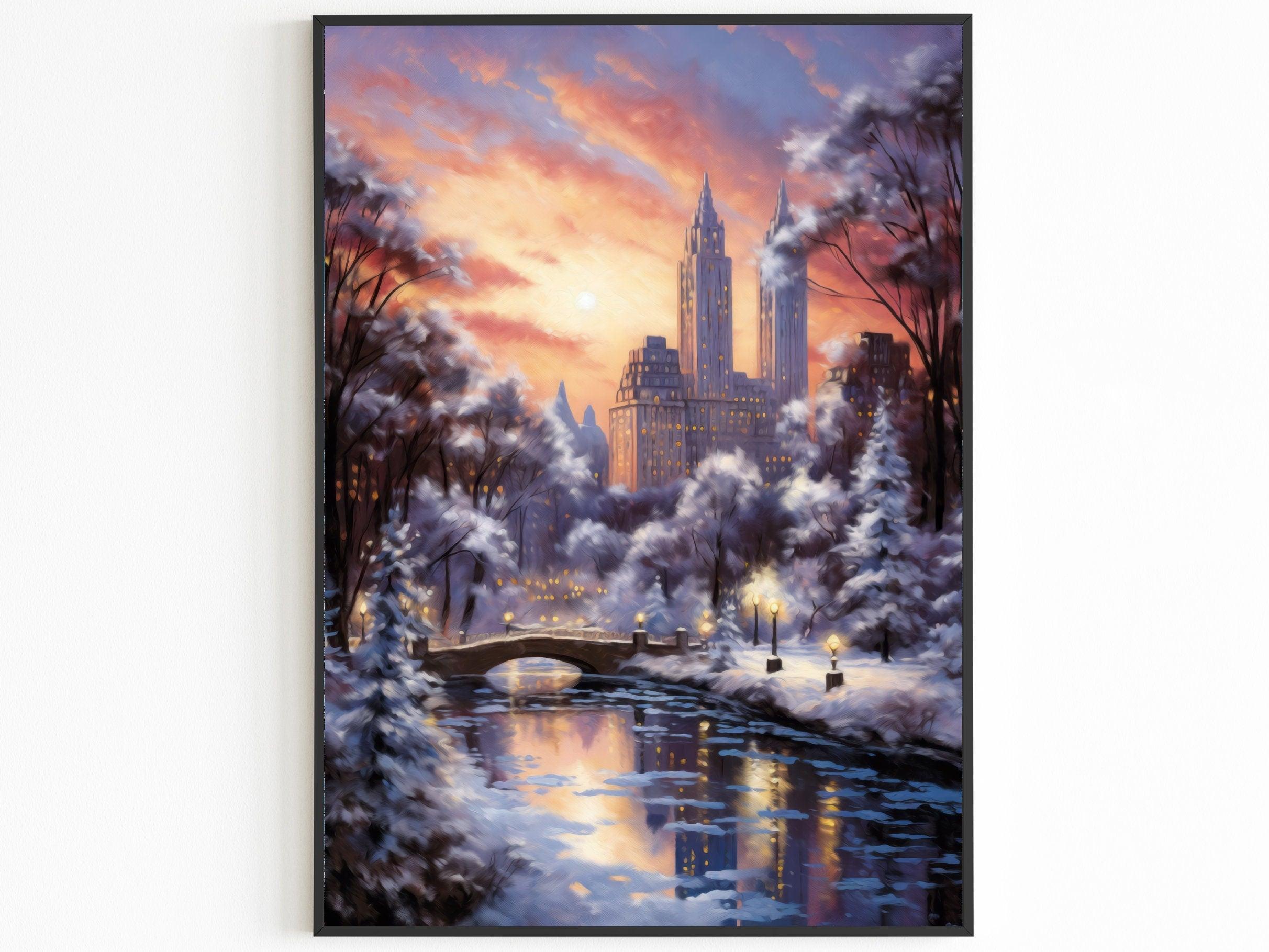 New York Winter Poster, Central Park Poster, Sunset Lights, Decor For World Traveller, Oil Painting Christmas Gift, Aesthetic Snowing
