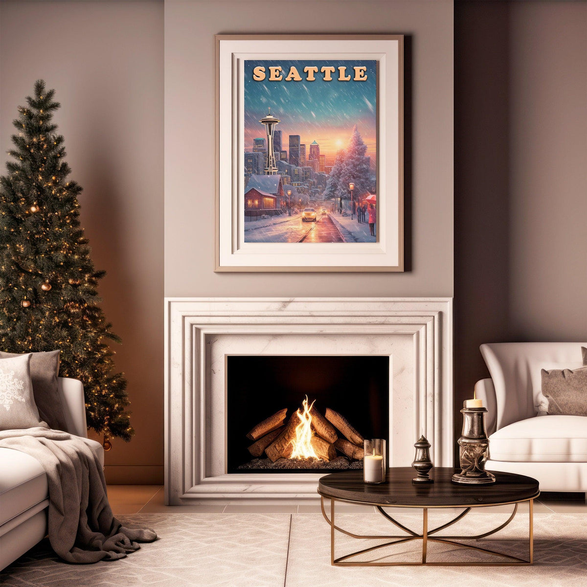 Seattle Vintage Poster, Sunset Light, Winter Nostalgic Art, Travel Poster Gift For Christmas, Washington Colorful, Decor For World Traveler