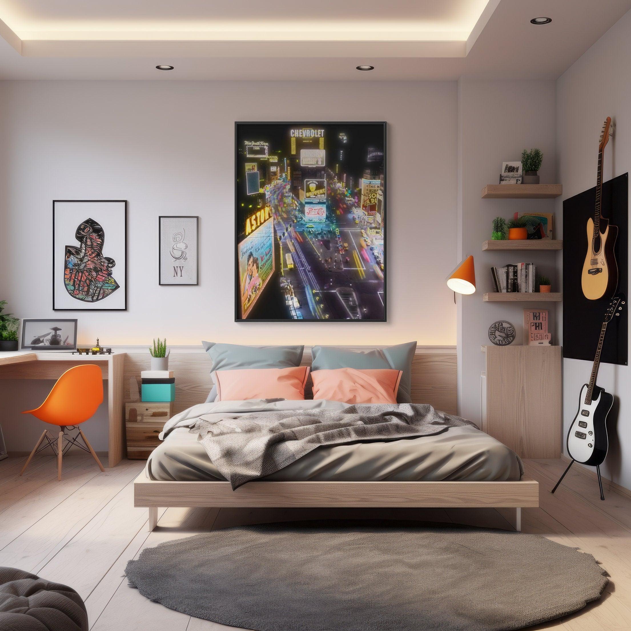 New York Vintage Print, Trendy Bar Decor, 1950s Photo Restoration, Oil Painting Poster, Colorful City Lights, Aesthetic Neon