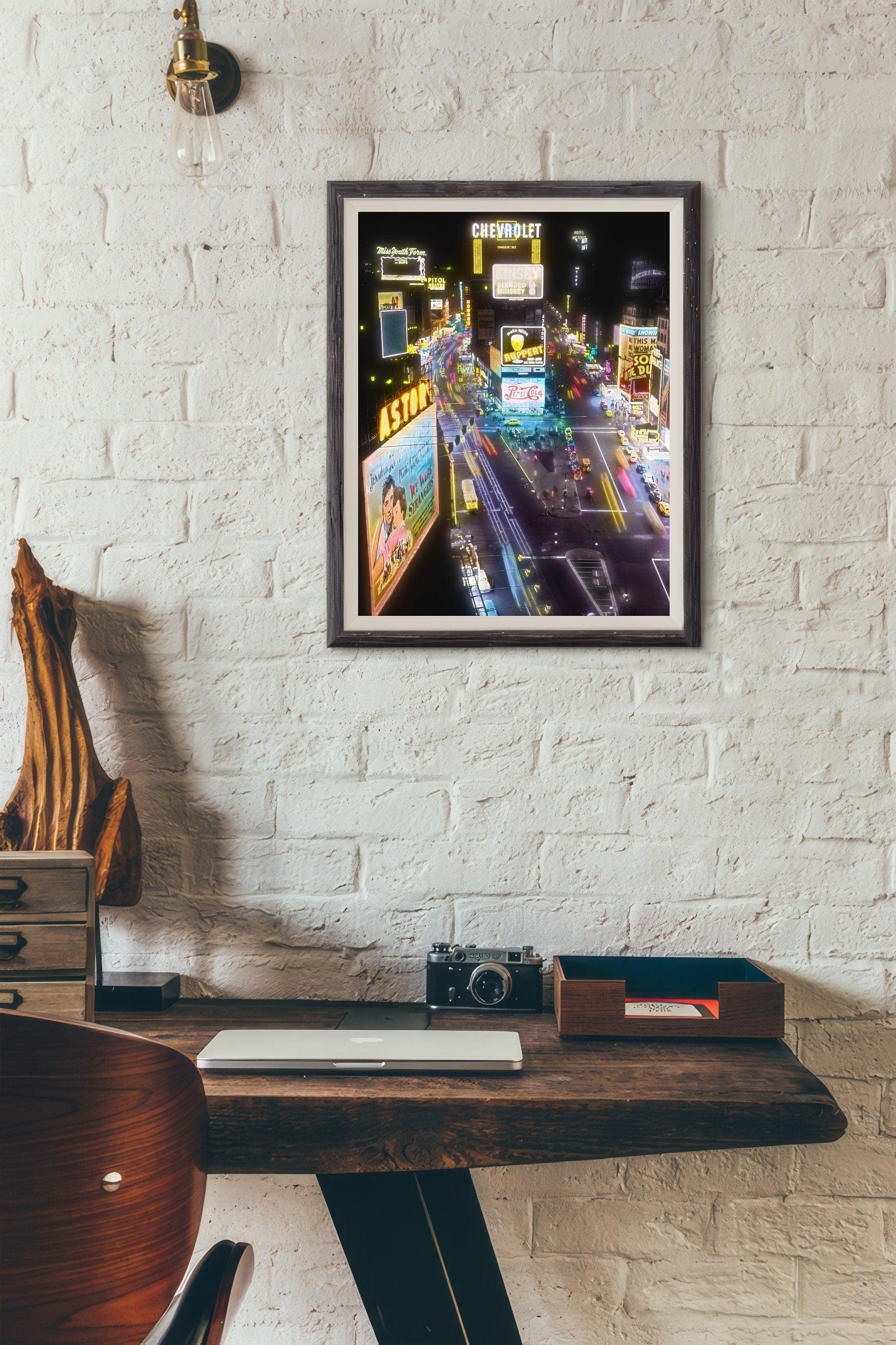 New York Vintage Print, Trendy Bar Decor, 1950s Photo Restoration, Oil Painting Poster, Colorful City Lights, Aesthetic Neon