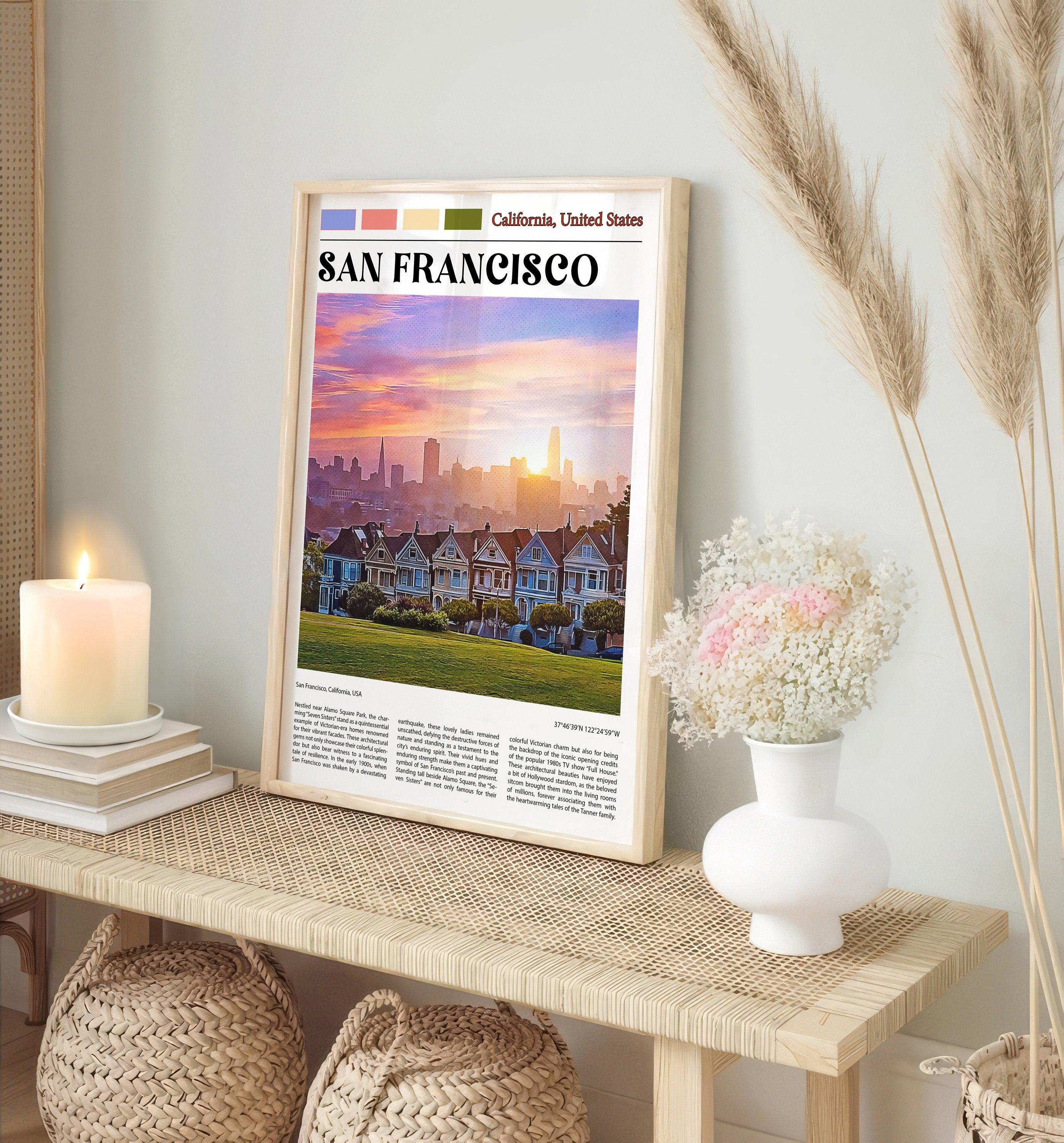 San Francisco Skyline Poster, Painted Ladies, Victorian Houses, California Retro Print, USA Travel Gift, Vintage Home Wall Art Decor