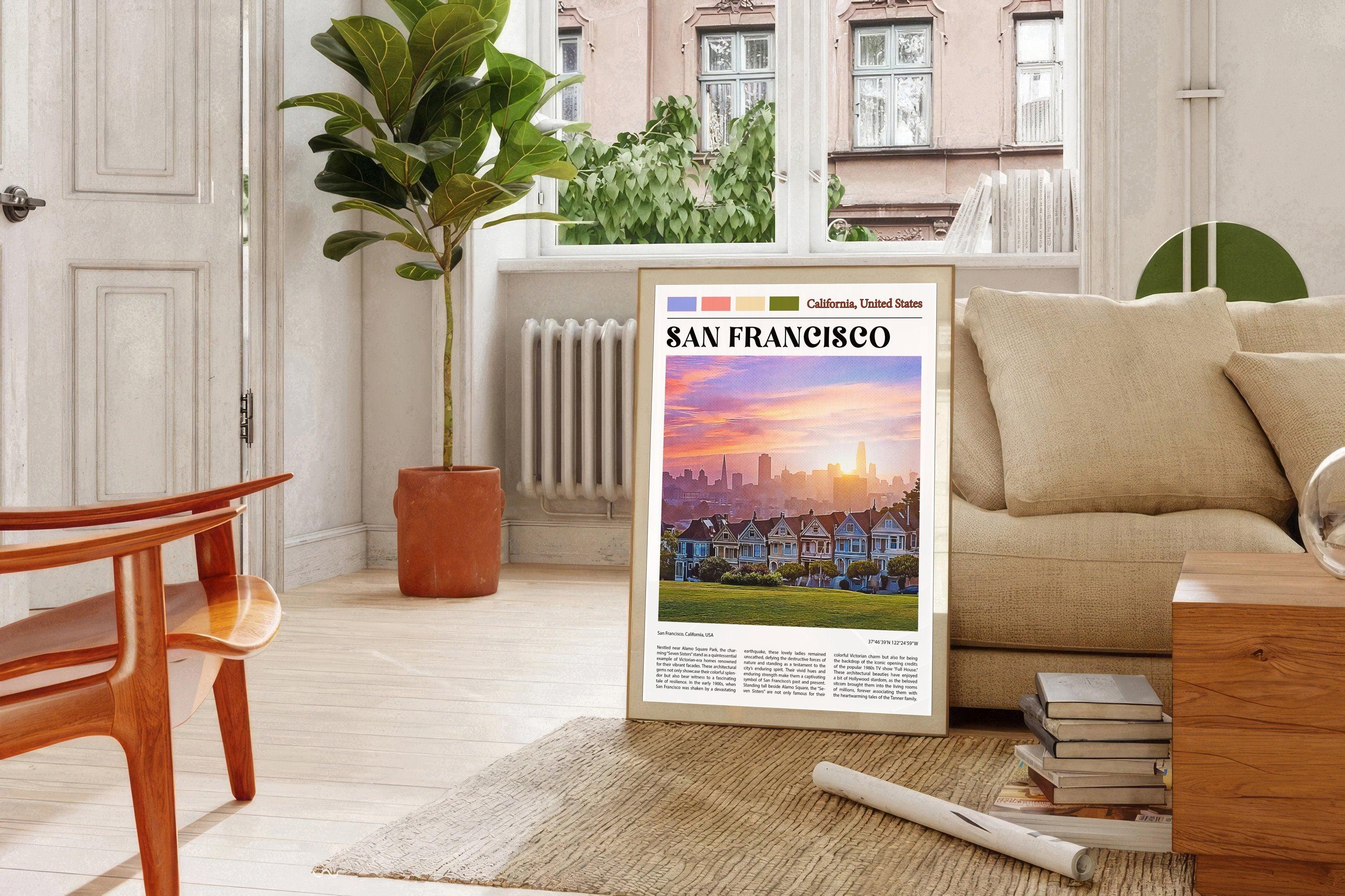 San Francisco Skyline Poster, Painted Ladies, Victorian Houses, California Retro Print, USA Travel Gift, Vintage Home Wall Art Decor