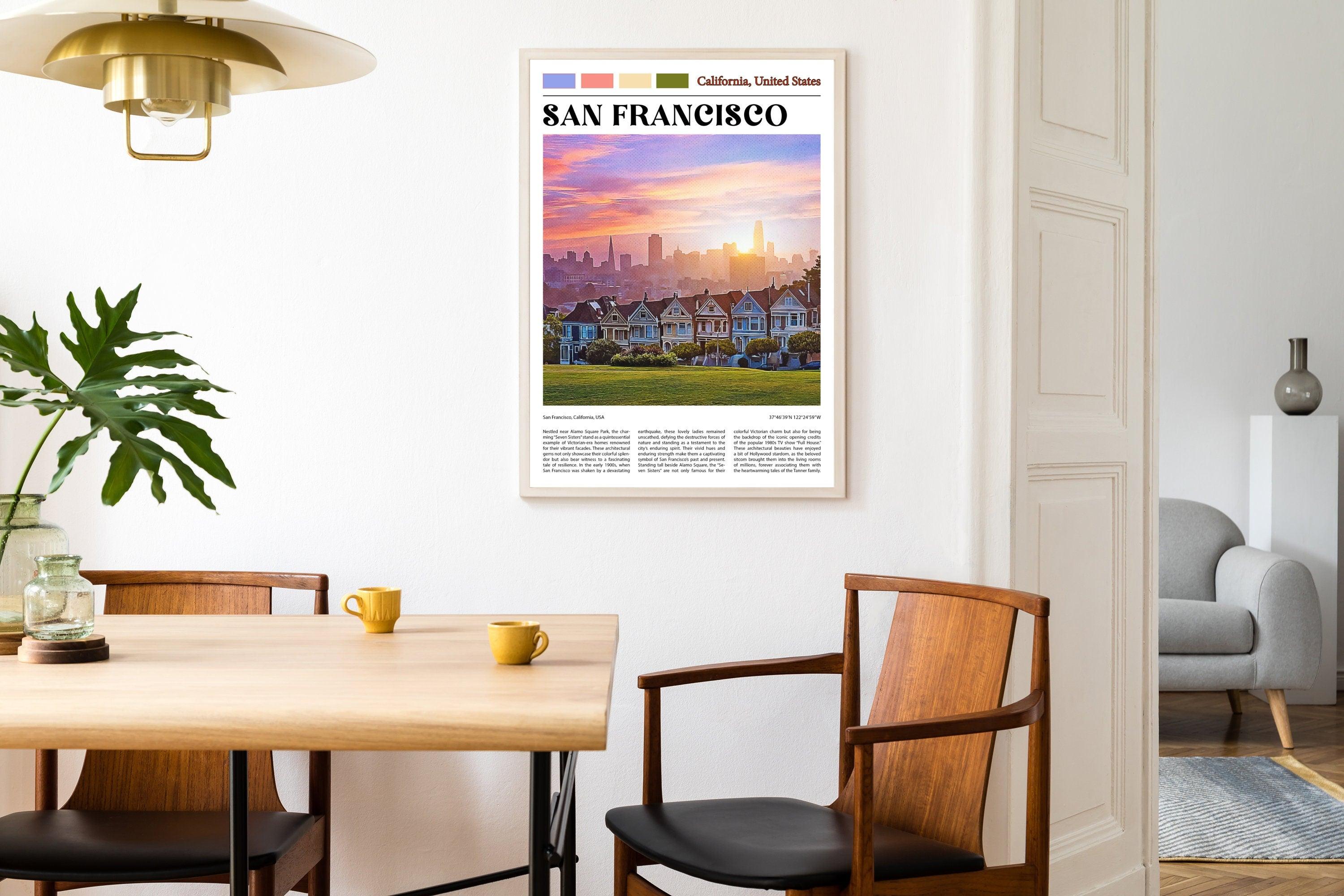 San Francisco Skyline Poster, Painted Ladies, Victorian Houses, California Retro Print, USA Travel Gift, Vintage Home Wall Art Decor