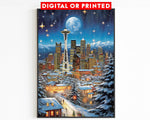 Vintage Weihnachtsposter Washington, Seattle Night, Nostalgische Winterkunst, Reiseposter Geschenk zu Weihnachten, Vollmond, Sternenhimmel