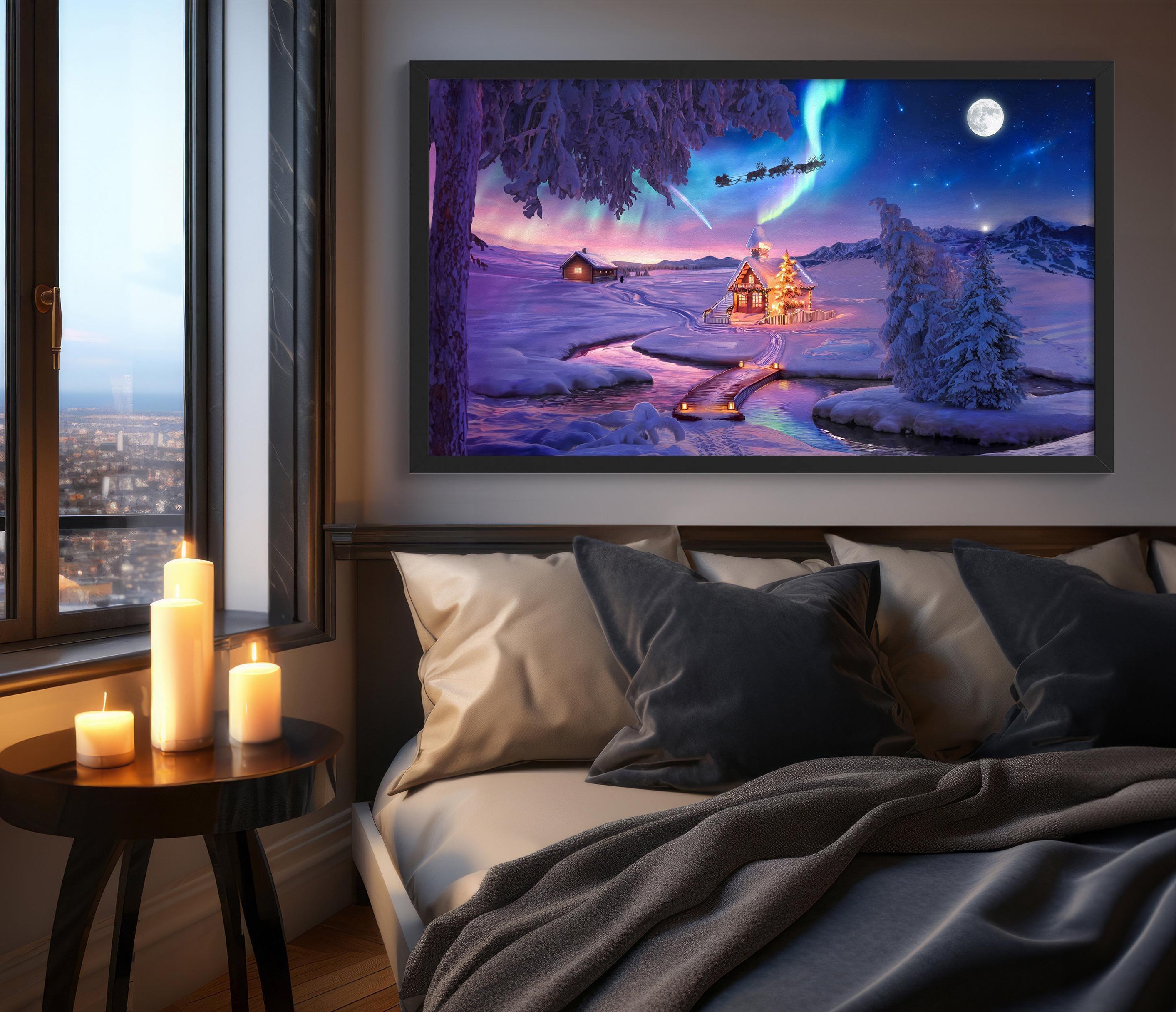 Handmade Christmas Wall Art Gift, Aurora Borealis Poster, Colorful Starry Sky, Mountain Oil Painting Room Decor, Northern Lights Printable