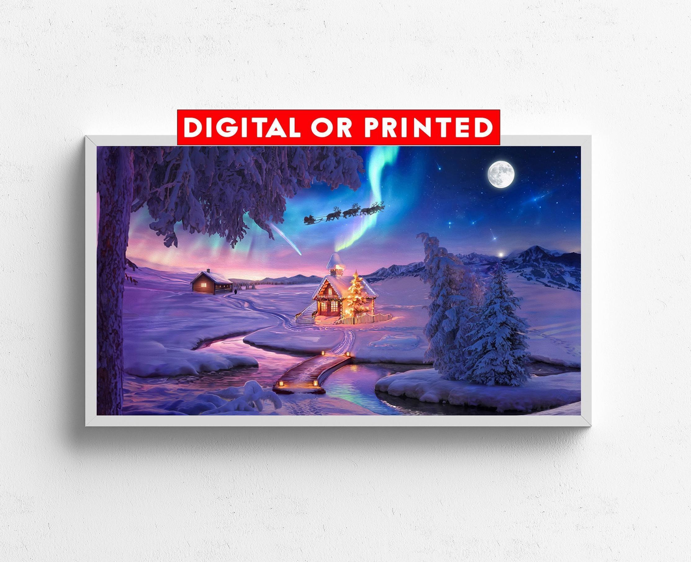 Santa Claus Christmas Village Printable Decor, Aurora Borealis Light Art, Lapland Christmas Tree Light Poster, Colorful Starry Sky Night