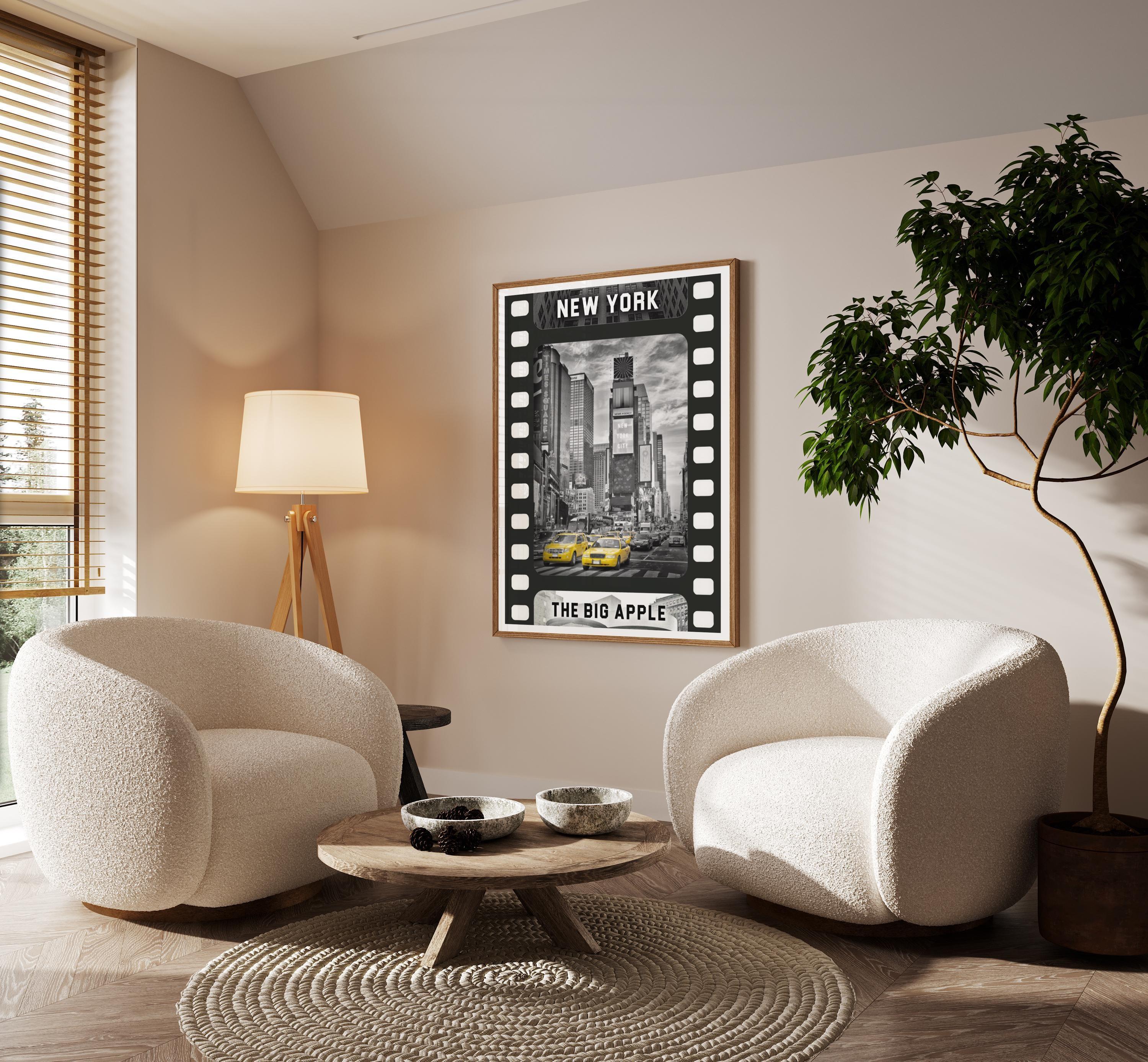 NYC Black & White Movie Tape Decor | Aesthetic Yellow Taxi Isolated Color | Poster