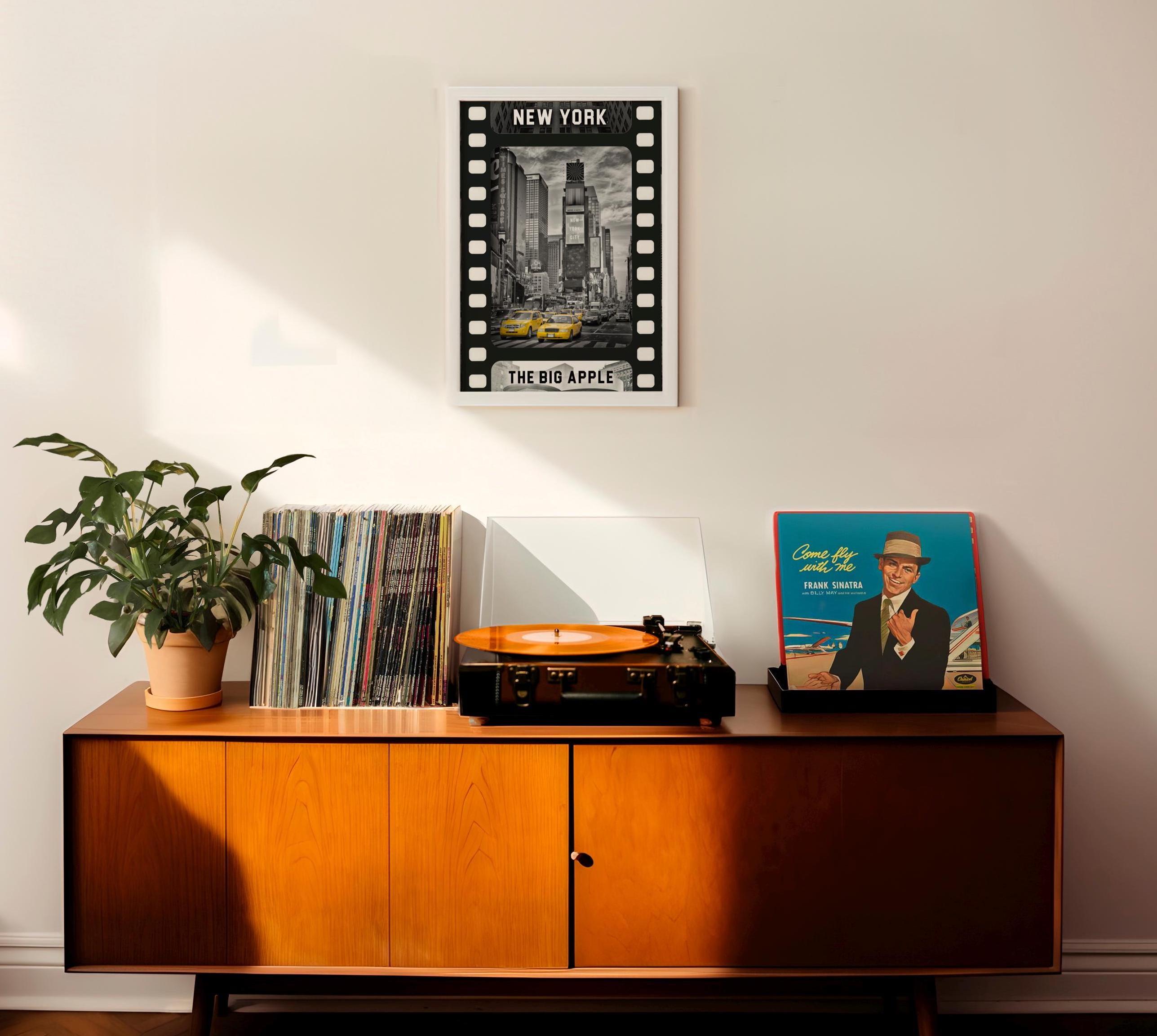 NYC Black & White Movie Tape Decor | Aesthetic Yellow Taxi Isolated Color | Poster