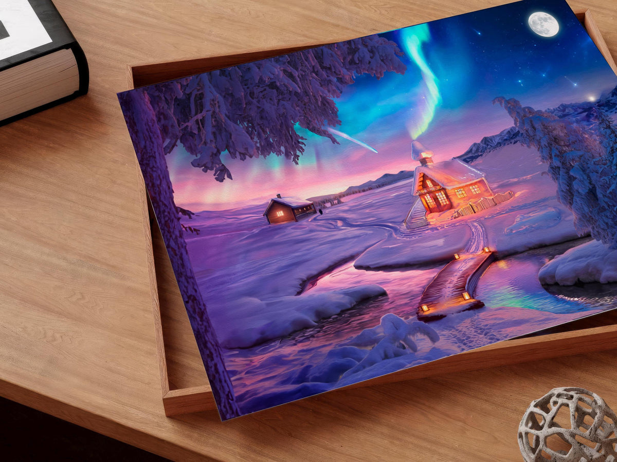 Colorful Winter Wonderland Poster - Dream Night, Northern Lights Mountain, Moon Phase Print, Starry Sky Night, Oil Painting Panoramic Art